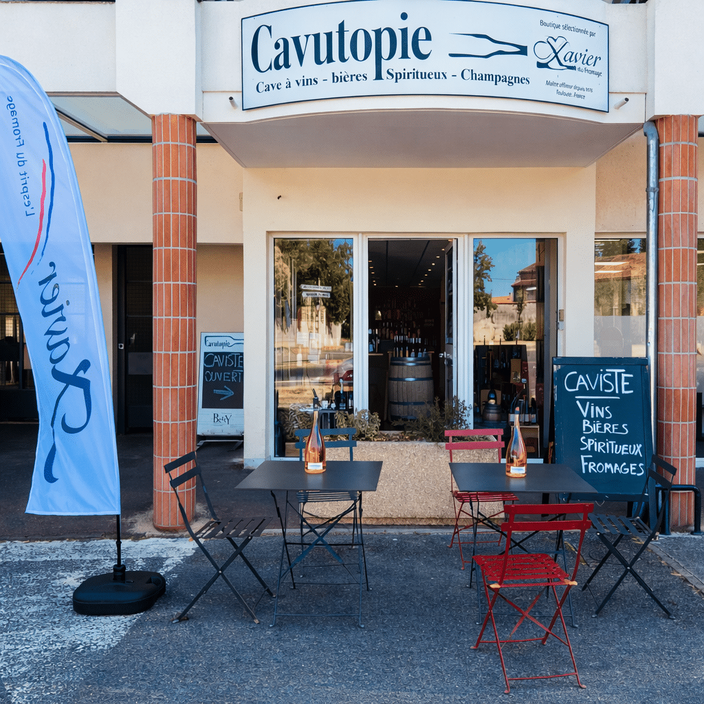 Cavutopie : Cave à Vins, Bières, Spiritueux et Fromages Devanture Cavutopie : cave à vins, bières, spiritueux et fromages. Terrasse avec tables, chaises et panneaux de caviste.