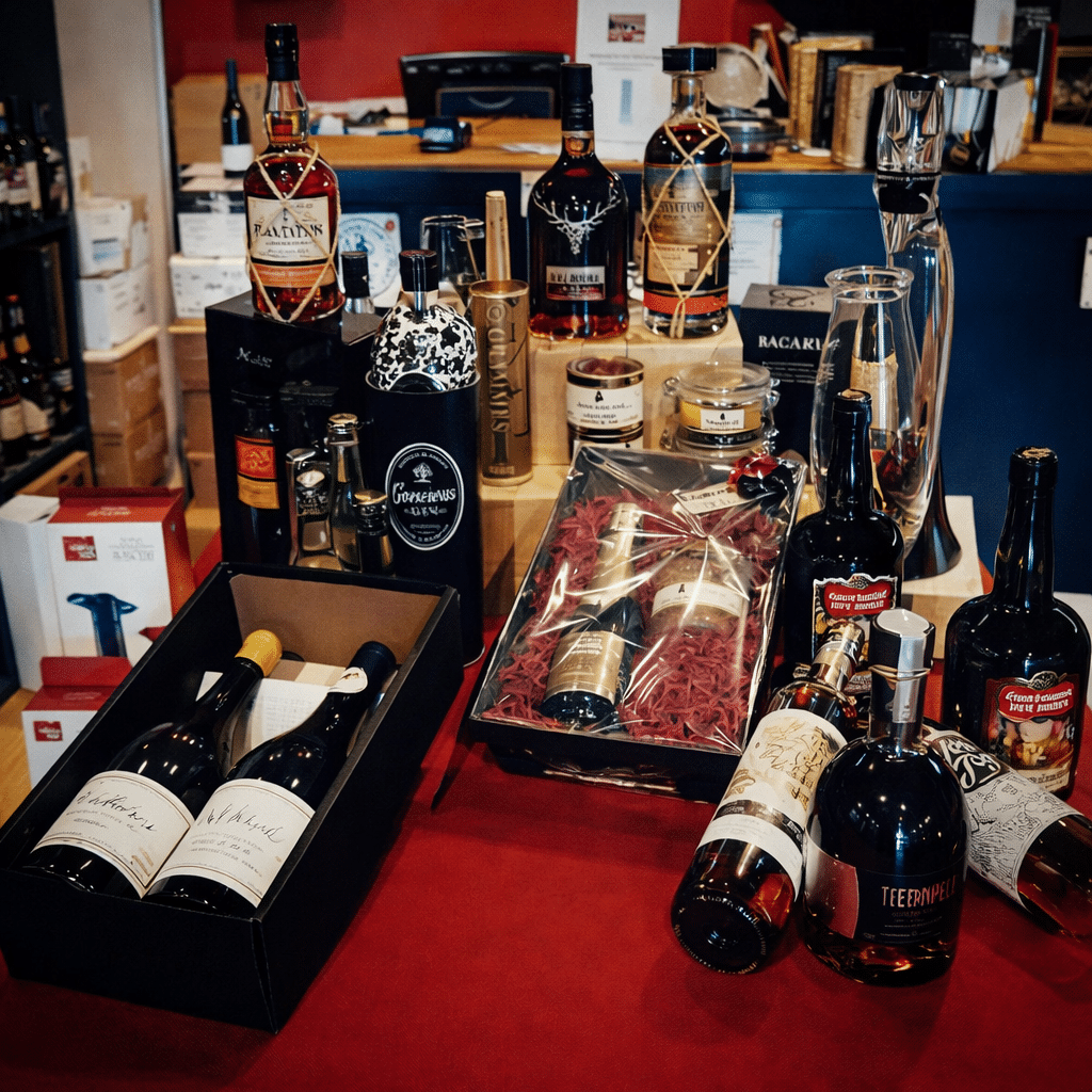 Spiritueux et Coffrets Cadeaux : Sélection de Vins Fins Sélection de spiritueux et vins sur table rouge, avec bouteilles Plantation, Teerenpeli et coffrets cadeaux raffinés.