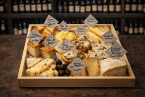 Plateau de fromages affinés : Tomme au Foin, Tête de Moine, Raclette, Époisses et Bleu de Berger avec étiquettes descriptives.