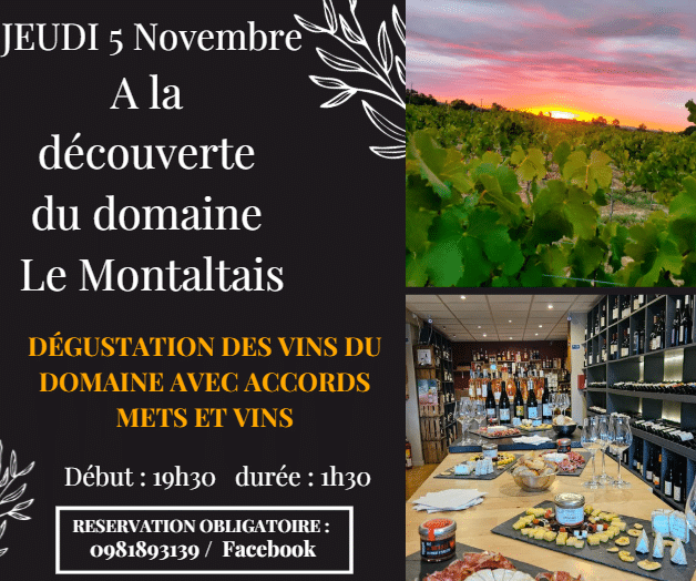 Dégustation Domaine Le Montaltais le 5 nov à 19h30 : vins, accords mets et vins, vignes au soleil couchant.